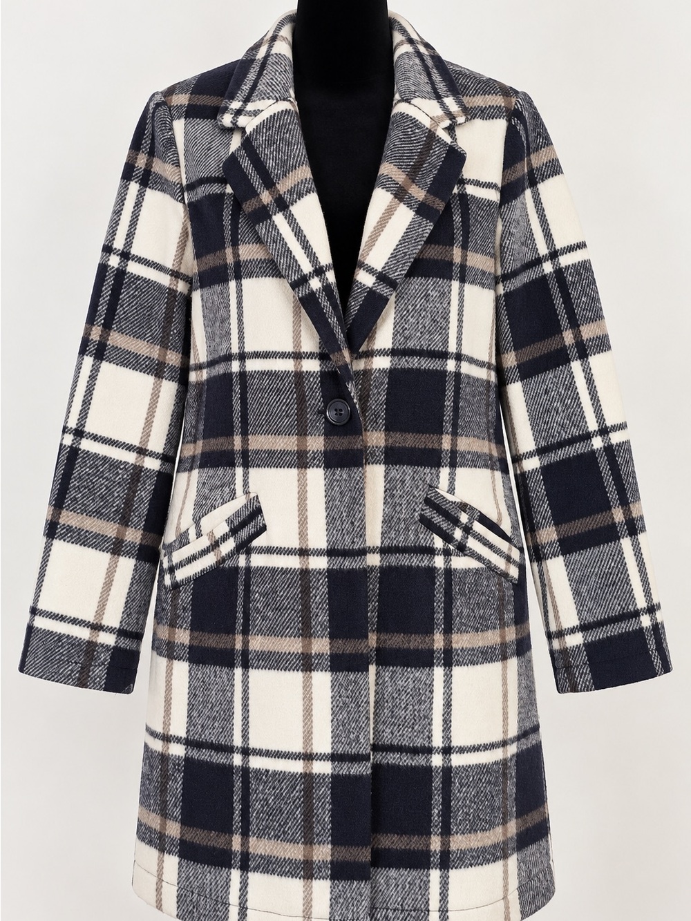MELLODAY Navy, Cream & Brown Plaid Single-Breasted Pea Coat